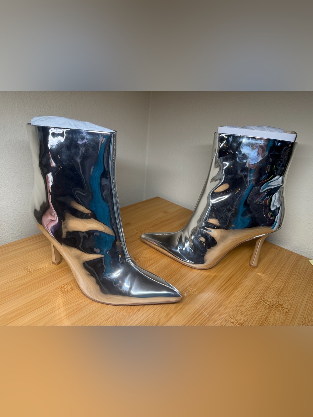 Mirror Gail Silver Mirror Metallic Pointed-Toe Stiletto Heel Ankle Boot NIB 8.5